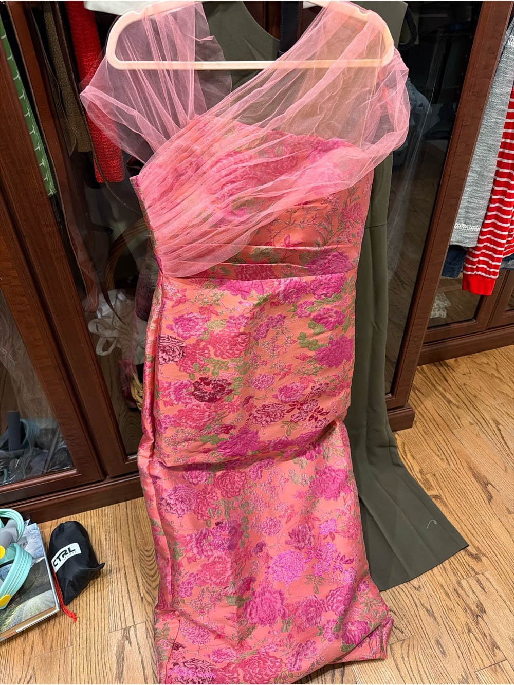 Theia One-Shoulder Pink Floral Brocade Evening Gown